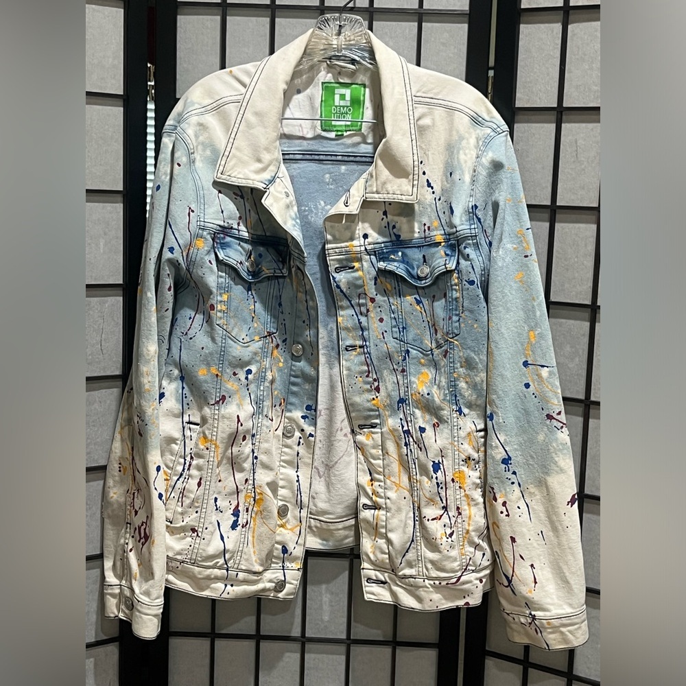 DEMOLITION VINTAGE THRASHED Paint-Splatter DISTRESSED Denim Jacket SIZE M